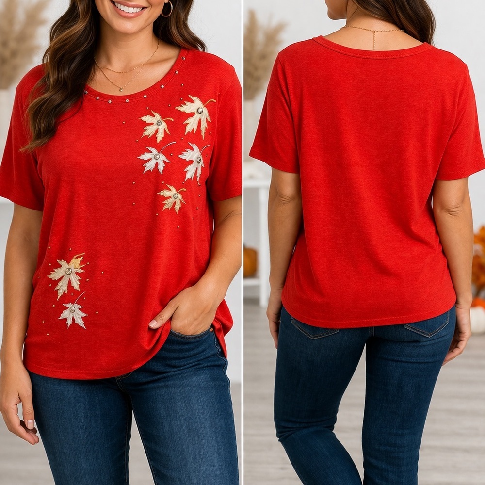 Women's Red Floral Accent Short Sleeve Top 1X